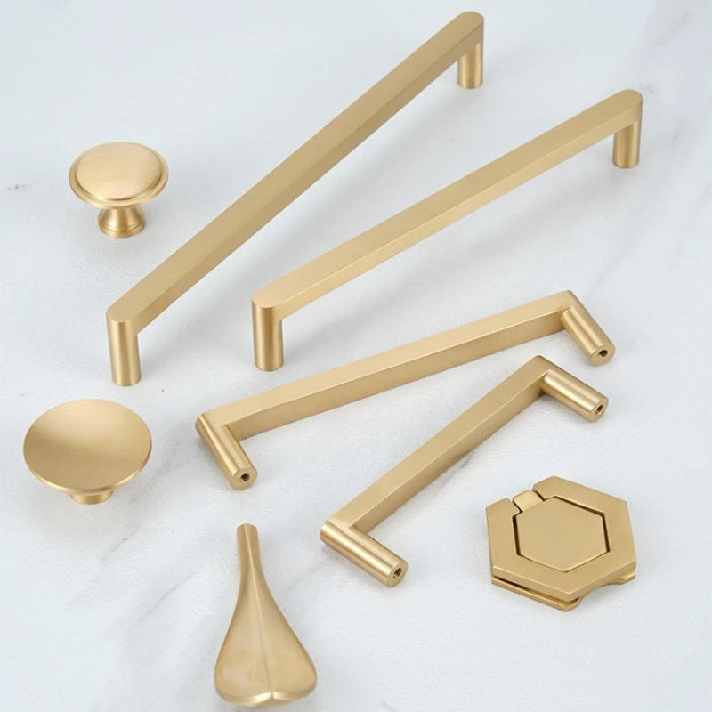 Solid Brass Cabinet Pull Furniture Hardware Long Handle Gold Brushed Wardrobe Shoe Cabinet Door Handles Single-Hole Drawer Knob