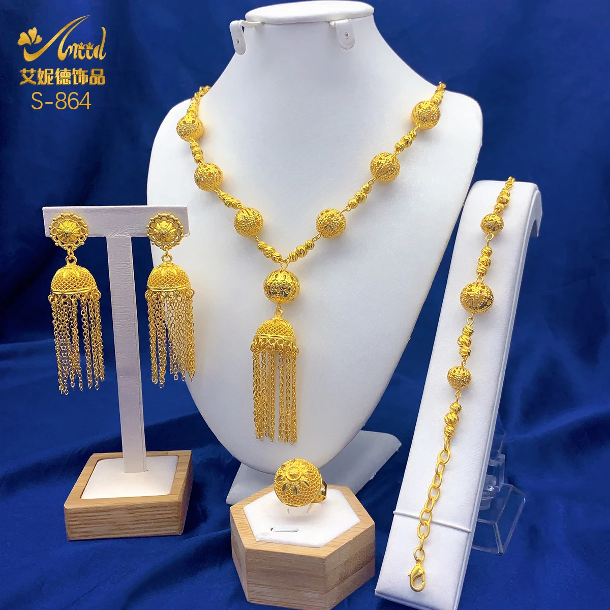 

African Bead Jewelry Set for Women Party Gifts Wedding Dubai 24K Gold Plated Tassel Necklace Ring Bangle Earrings Set Party Gift