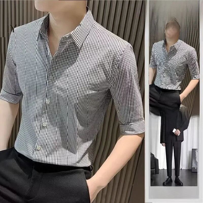 Men's Plaid Shirt Ice Silk Seven-Quarter Short Sleeve Slim Fit Business Casual Shirt Polyester Fiber No Ironing Required
