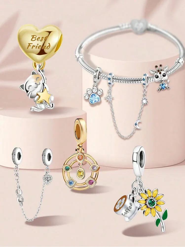 925 Sterling Silver giraffes Sunflower Coffee Cat&Puppy Love Pendant Charm Ball Suitable for DIY Women's High Quality Jewelry