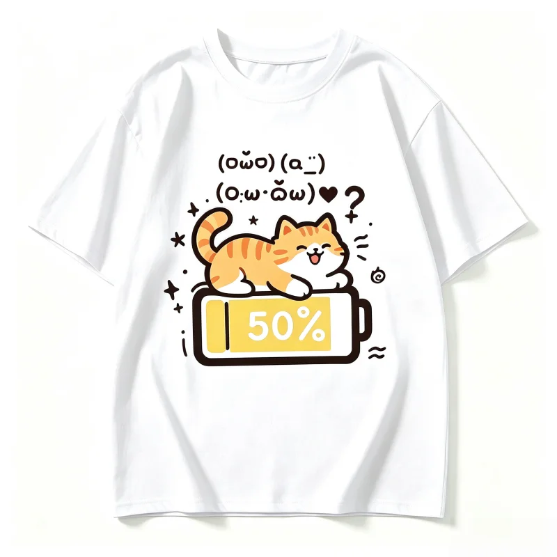 2026 new battery orange cat working status short sleeved men and women loose cotton working status fun cute cat T-shirt