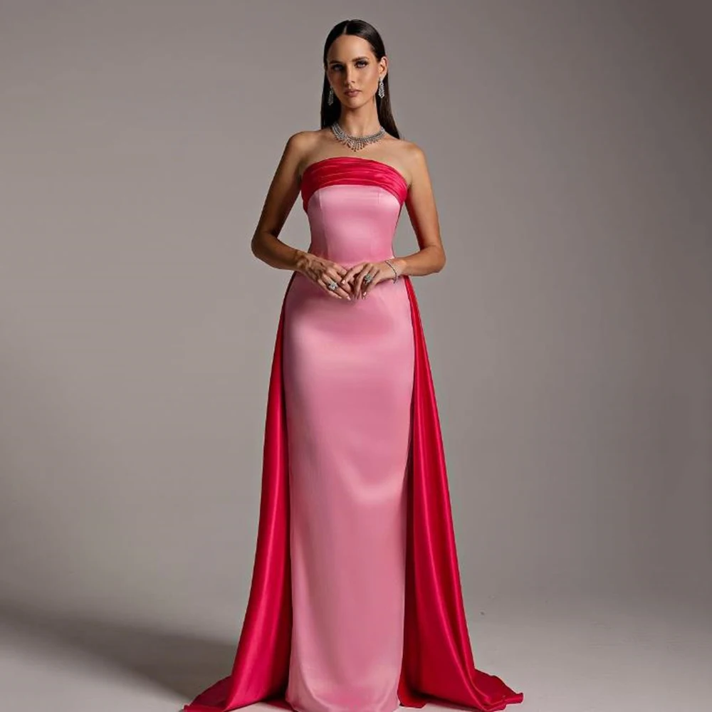 

Customized Pink Satin Sweep Train Strapess Sheath Party Gowns Elegant Sleeveless Sexy Backless Floor Length Formal Evening Dress