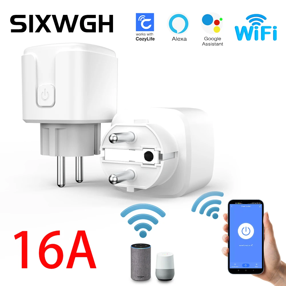 Sixwgh-スマートホームソケット、wi-fi、16A EUおよびFRプラグ、居心地の良いライフコンセント、リモコン、タイマー、電源モニター、音声サポート、Google Home、Alexa