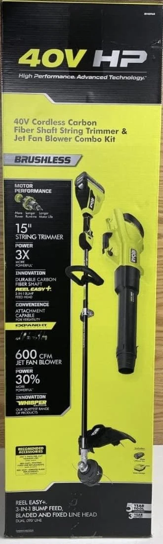 40V HP Brushless 600 CFM 155 MPH Cordless Leaf Blower and Carbon Fiber String Trimmer with 4.0 Ah Battery and Charger