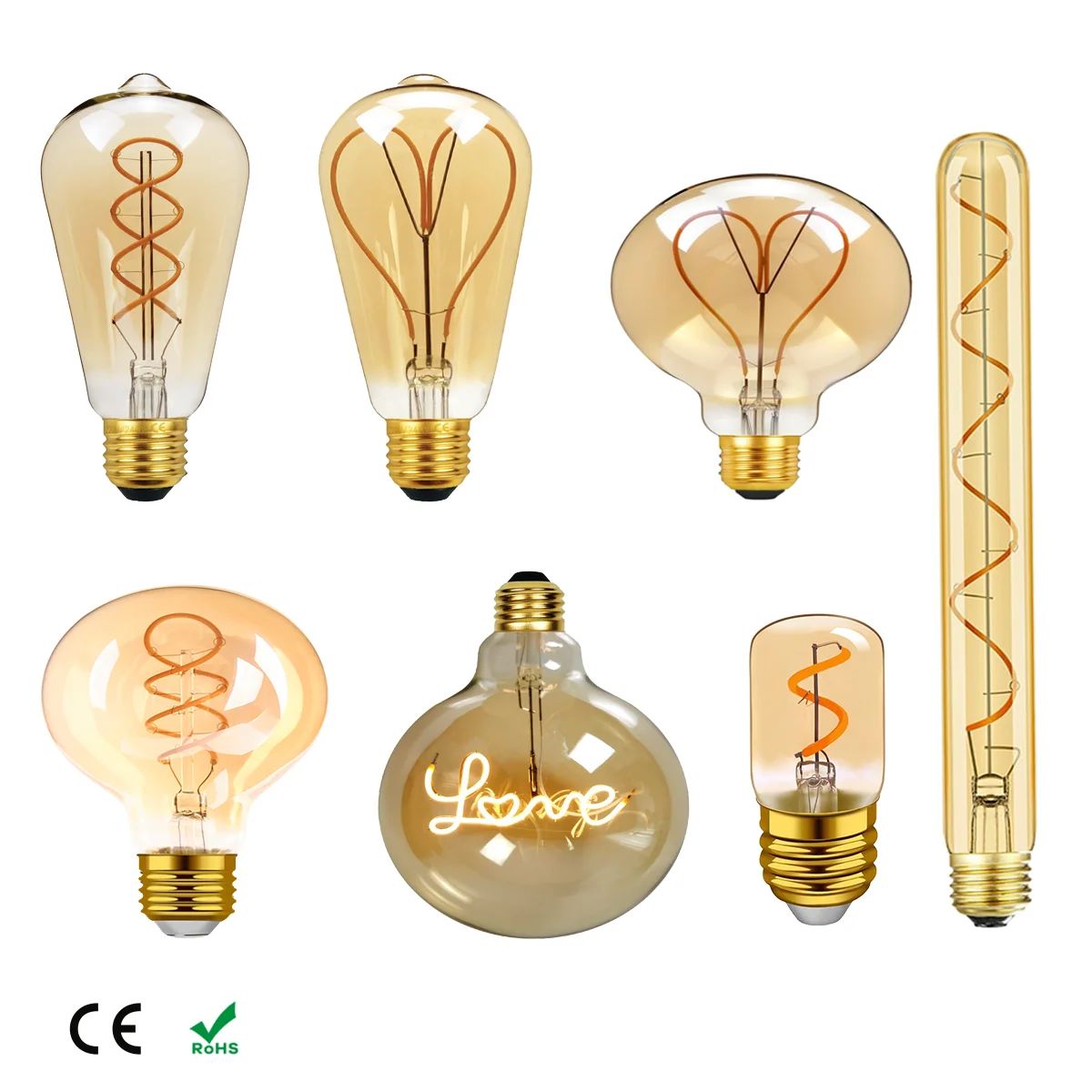 Retro Edison Bulb Dimmable Led Filament LOVE G125 Vintage Glass Light  ST64 G80 G95 Heart E27 220V Decoration for Home