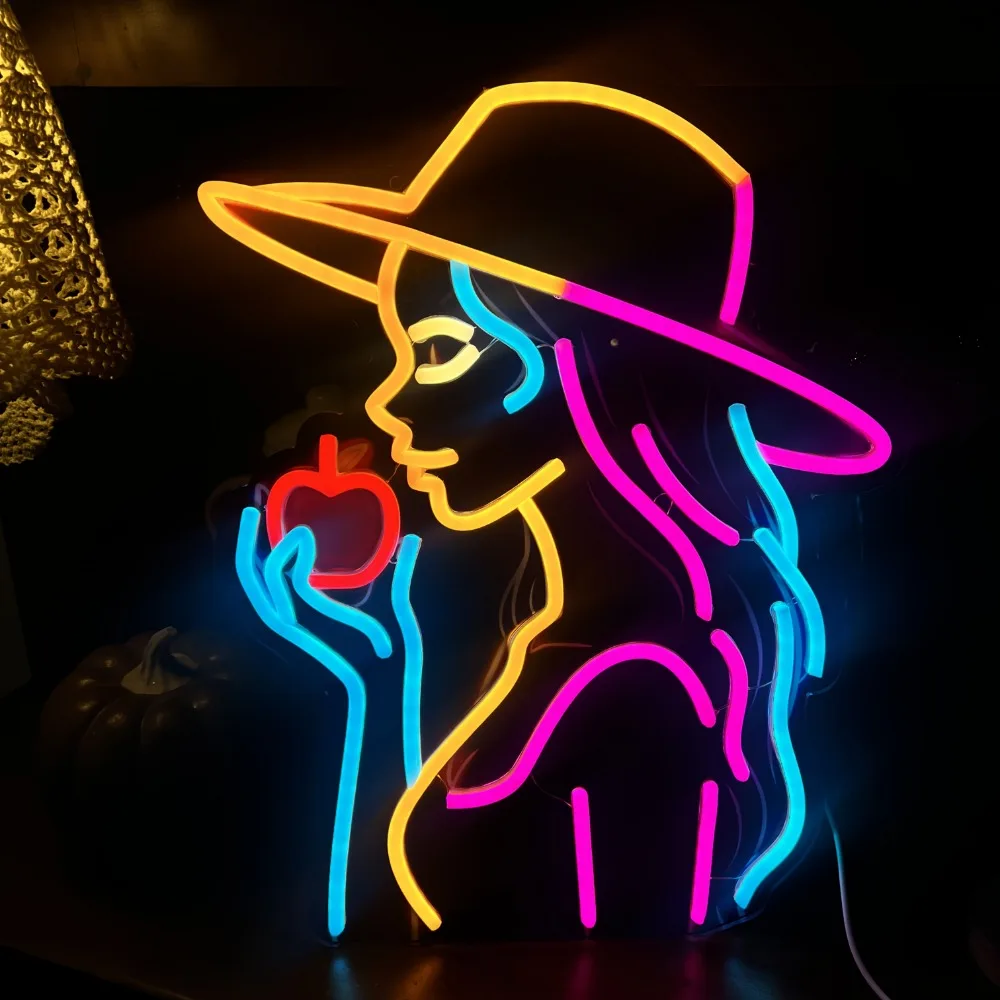 Girl Biting Apple LED Neon Sign Dimmable Neon Light for Living Room Bedroom Aesthetic Decor Modern Colorful Wall Art Lamp Gift