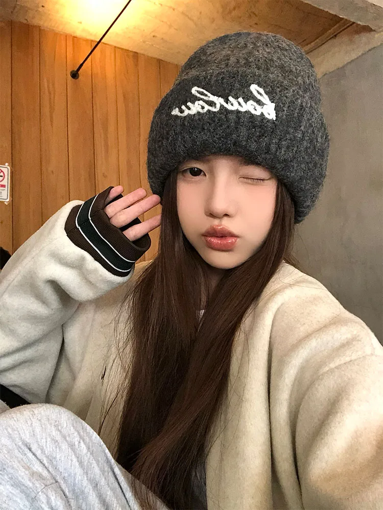 Korean Style Letter Embroidery Knitted Hat Women's Autumn Winter Ear Protection Warmth Small Face Effect Versatile Cold Hat