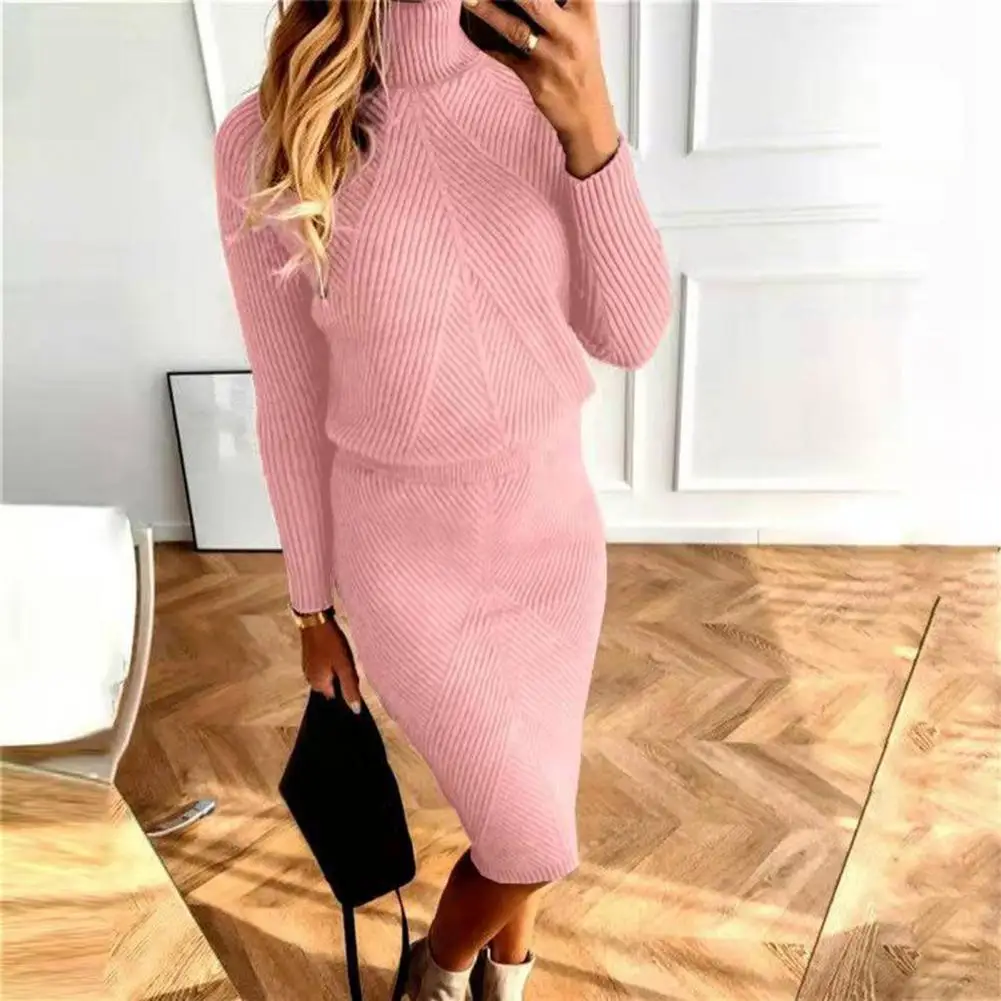 High Collar Sweater Skirt Two Piece Set Solid Color Knitted Sheath Warm Long Sleeves High Waist Elastic Lady Sweater Skirt Suit