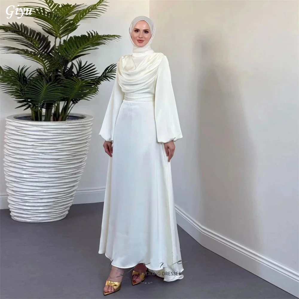 Giyu Muslim High Collar A-line Wedding Dresses Ruffle Belt Satin Draped Pleat Anke Length Bride Dress robe de mariée Customized