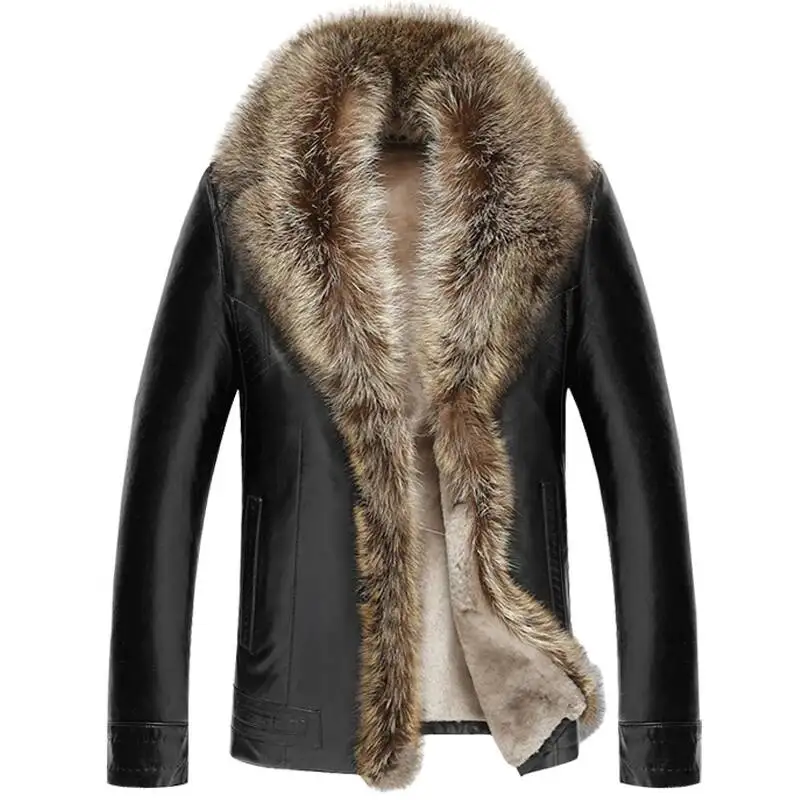 Business Men Coat Turn Down Fur Collar Male Solid Color Winter Warm Thicken Leather Jacket Casual Outwear