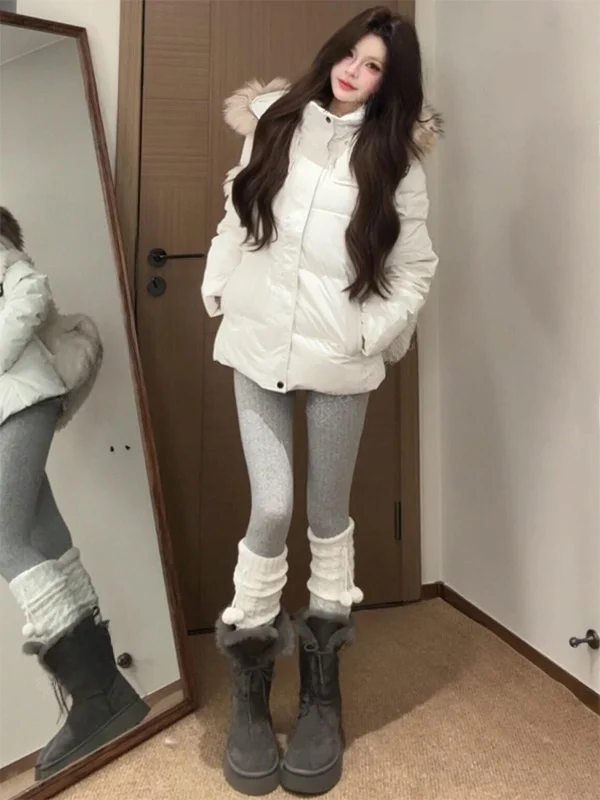 

Korean Style Retro Thickened Warm Cotton Jacket Women's Winter Coat Slim Fit Hooded Zipper Closure Long Sleeve Pure Color