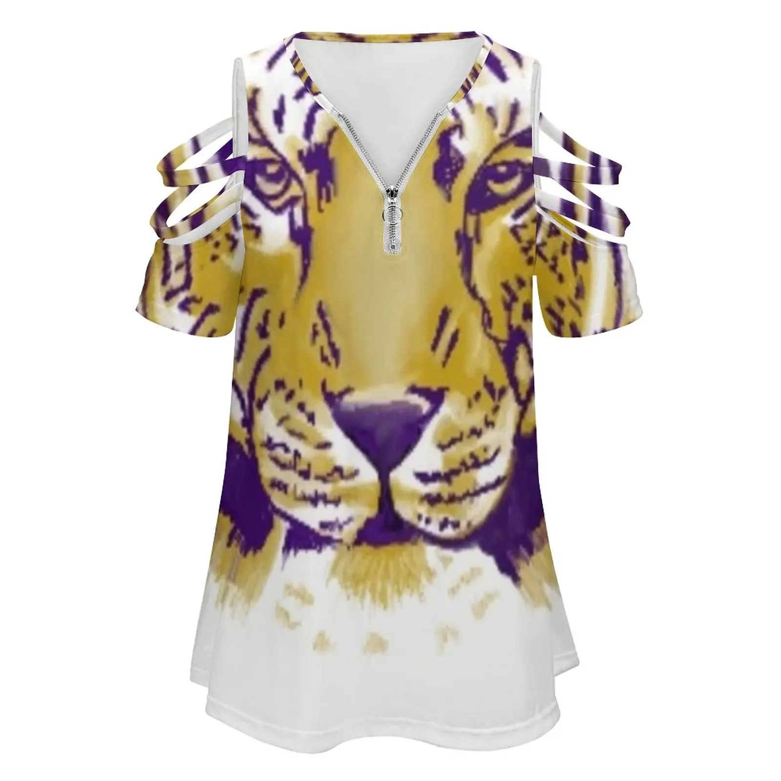 Tiger Full Face New Fashion Zip Off Shoulder Top Short-Sleeve Women Shirt Geaux Tigers Football Lsu Baton Rogue Tiger Stadium