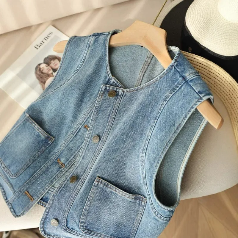 

Simple Adult Versatile Denim Vest New Style for Young Girls Loose Short Vest Fashionable Women's Sleeveless Jacket Casual Jacket