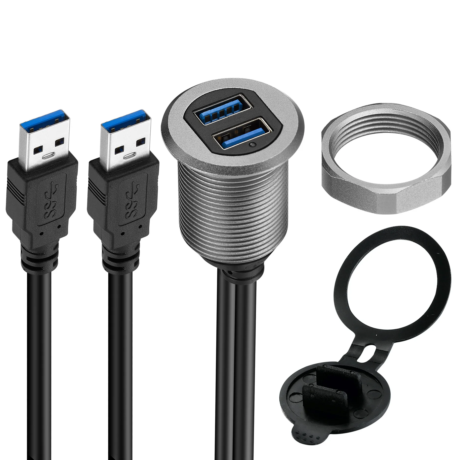 Bochara Flush Mount Panel Dual USB3.0 USB2.0 Male to Female Extension Cable With Indicator Light Aluminum Alloy Shell For Car 1m
