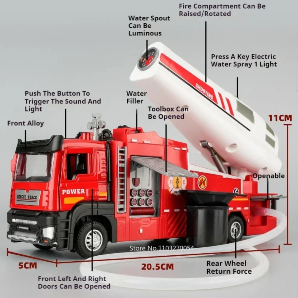 

1/32 Sprinkler Fire Truck Toys Car Model Alloy Diecast Engineering Vehicle Sound Light Pull Back Doors Opened Toy Festival Gifts