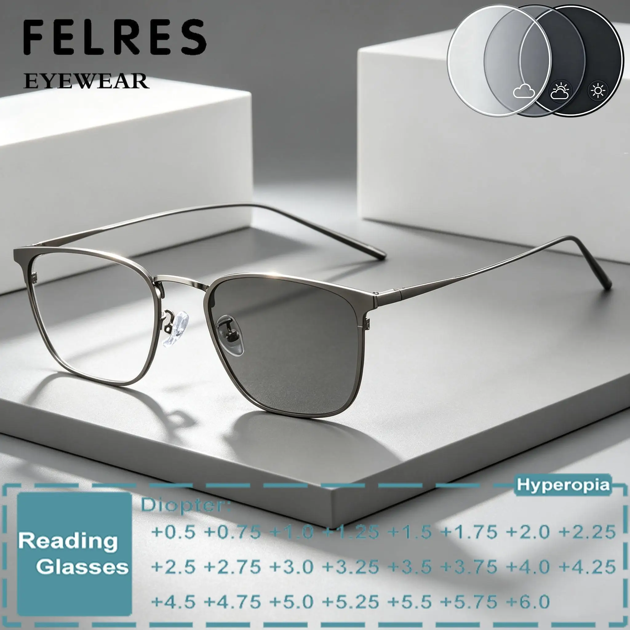

Square Aiiloy Finished Photochromic Reading Glasses Men Women Color Changing Prescription Presbyopic Eyewear Single Focus Reader