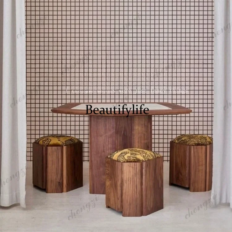 Medieval solid wood signer pedal household makeup stool sofa stool dining table Hushan pattern bedroom furniture