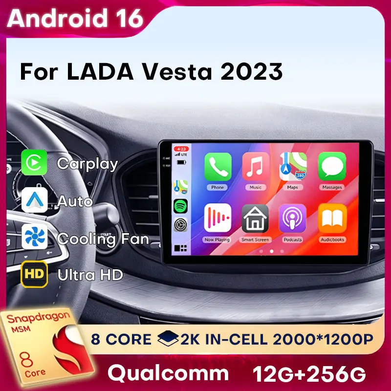 Wireless CarPlay Android Auto For LADA Vesta 2023 Android 16 8 Core Multimedia Stereo Player DSP Bluetooth QLED 2 DIN Autoradio