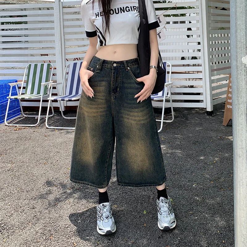 

American Vintage High Street Denim High Waist Wide Leg Seven Point Pants Y2k Harajuku Streetwear Baggy Boyfriend Jeans for Women
