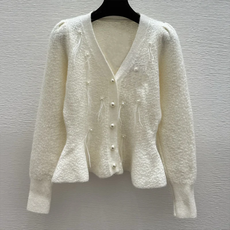 

High-quality V-neck single-button fringed women's knitted cardigan with embroidered logo sweater 251102247