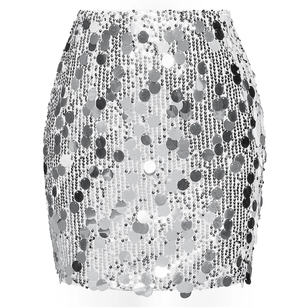 

KK Women Bodycon Skirt Sexy Shiny Sequined Party Mini Skirt Elastic Waist Above Knee Skirt Clubwear Costume Slim Pencil Skirts