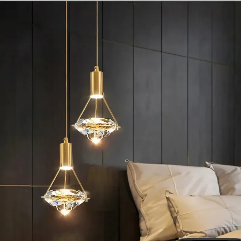 Nordic Crystal Round LED Pendant Light Minimalist Single Head Bedroom Bedside Decor Chandelier Bar Restaurant Hanging Lamp