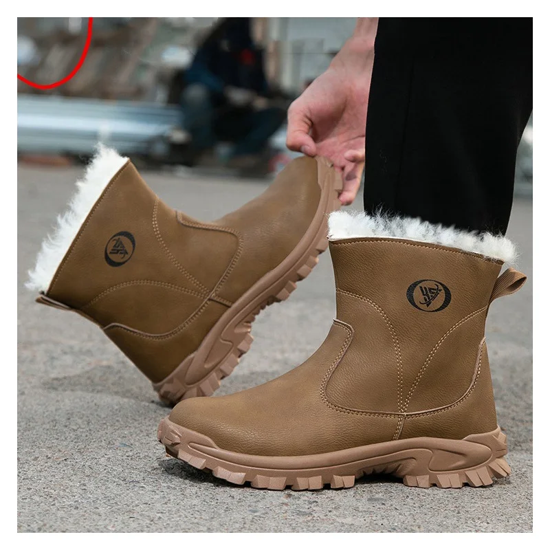 

Мужские модные защитные ботинки со стальным носком, теплая хлопковая рабочая обувь, рабочая зимняя зимняя обувь до щиколотки, мягкая кожаная защитная обувь