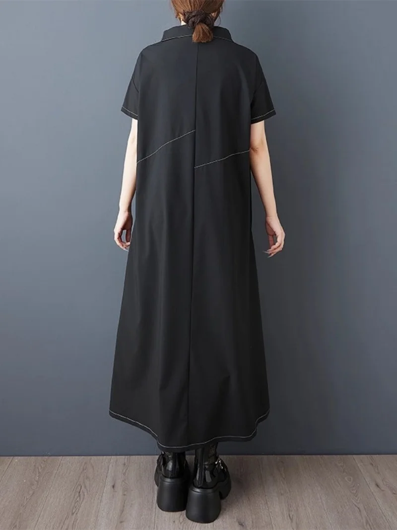 2025 verão estilo escuro único breasted vestido irregular para mulheres solto e elegante fio brilhante tamanho grande camisa vestido w095