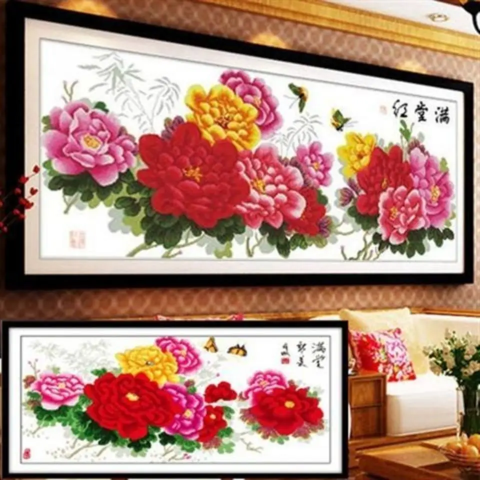 

Artificially embroidered pure handmade cross stitch finished product, blooming with rich and luxurious red peony flowers, for