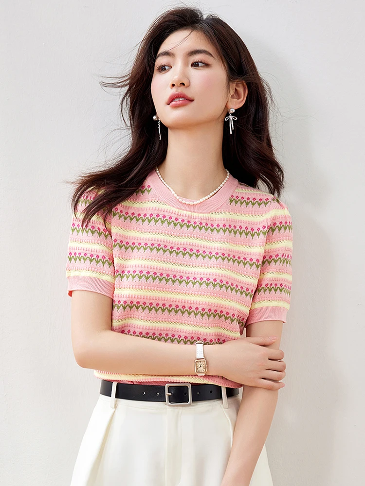 2024 New Women\'s Summer Basic Short Sleeve T-shirts Casual Versatile Slimming Round Neck Striped Knitting T-shirt Tops