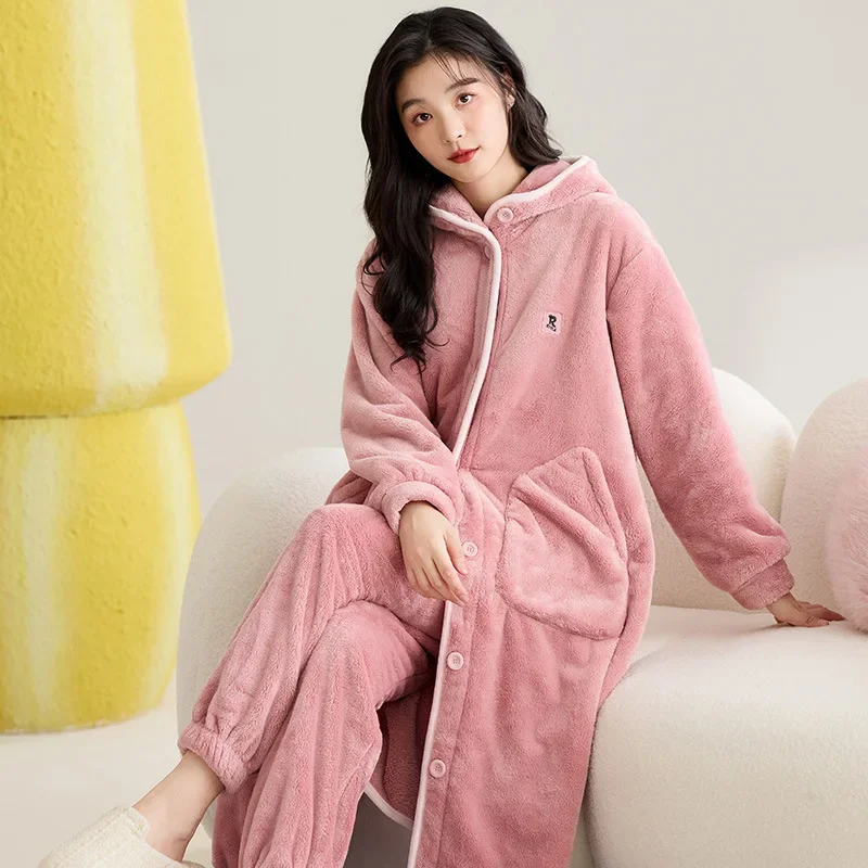 Robe & Pant Flannel Winter Warm Nightwear for Women 2024 New Fashion Korean Sleepwear with Hood M-2XL Coral Fleece Pyjamas Mujer