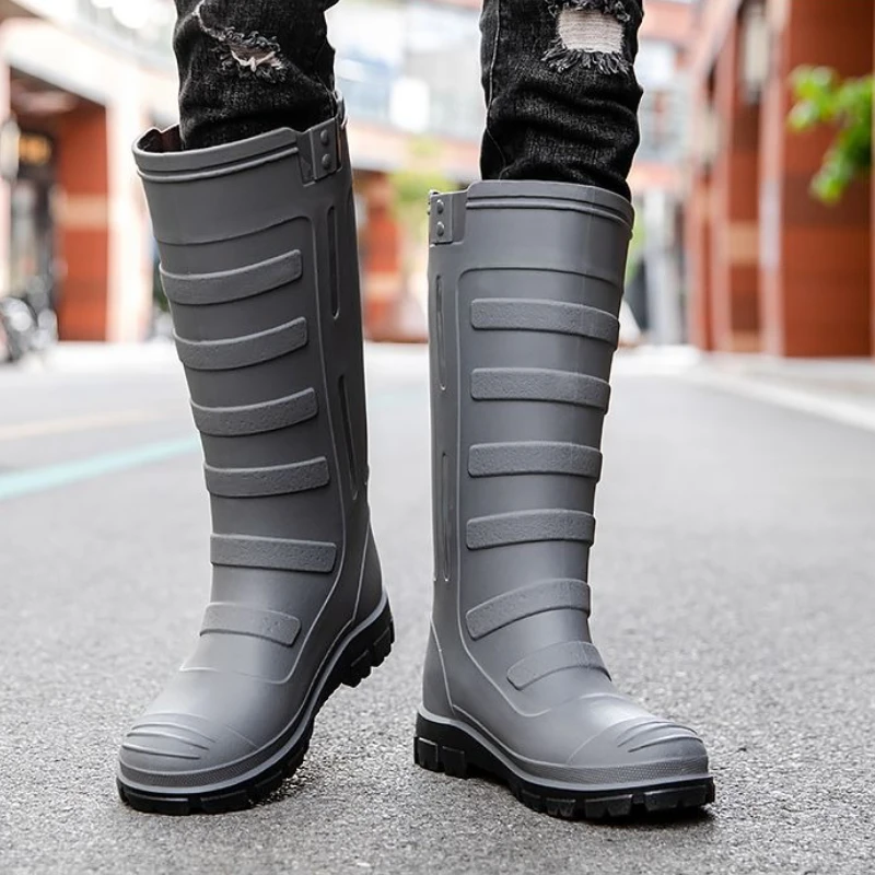 

Длинные серые нескользящие мужские туфли на низком каблуке, весенне-осенние галоши, городские водонепроницаемые непромокаемые резиновые сапоги на низком каблуке для взрослых для мужчин