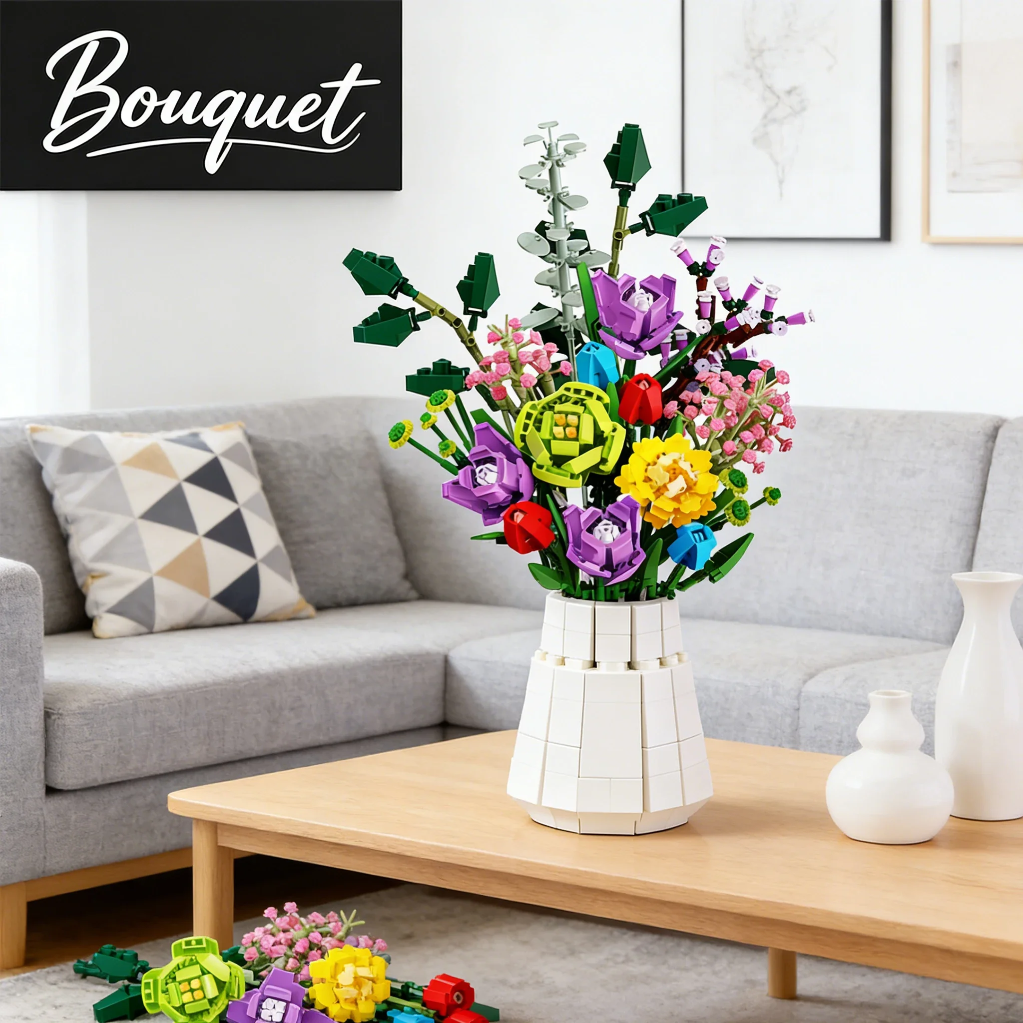 Kit de briques de bouquet romantique 967 pièces, plusieurs types de fleurs, jouets éducatifs, décoration de table de salon, ornement, cadeaux de vacances