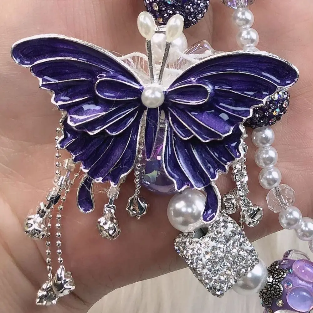 Glitter Rhinestone Phone Chain Pearl Double Layer Beaded Cell Phone Lanyard Handheld Wrist Strap Butterfly Key Chain Key Chain image 4