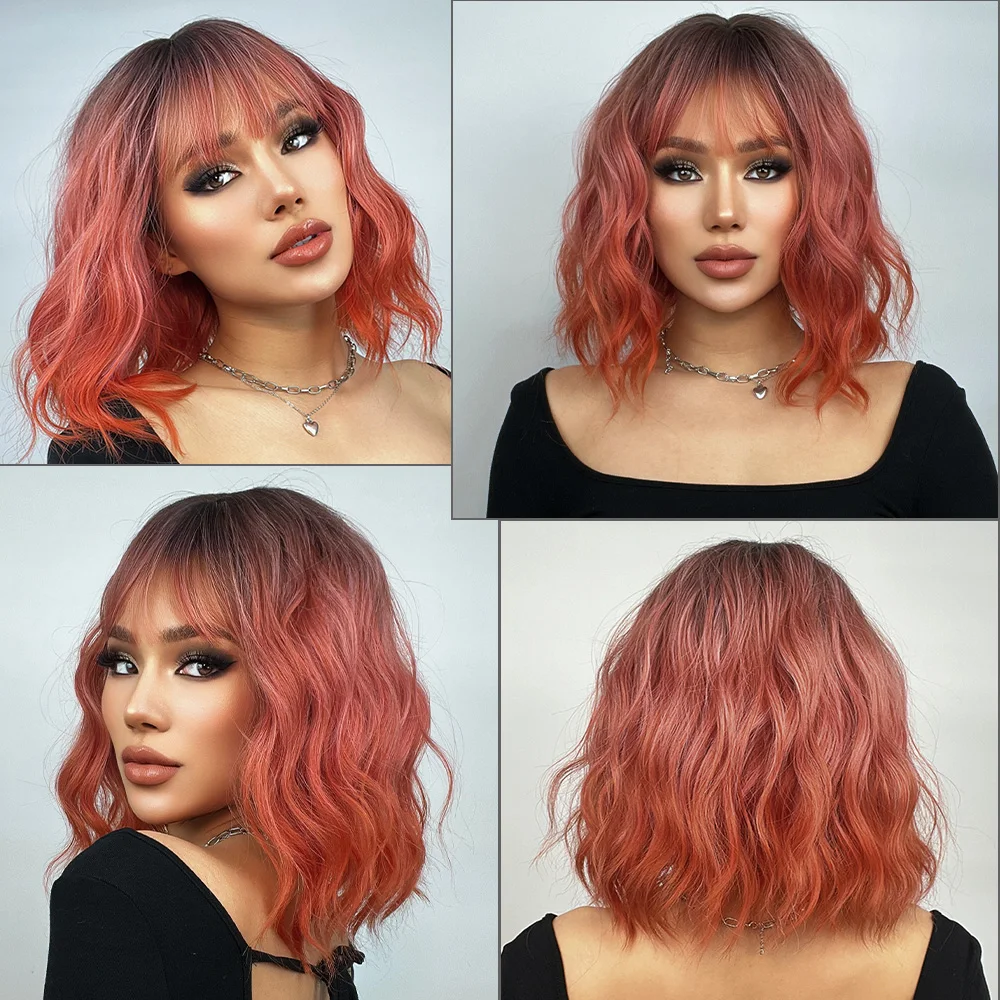 Short Bob Ombre Pink Synthetic Wig For Woman With Bangs Water Body Wave Synthet Hair Cosplay Lolita Heat Resistant Natural Hair