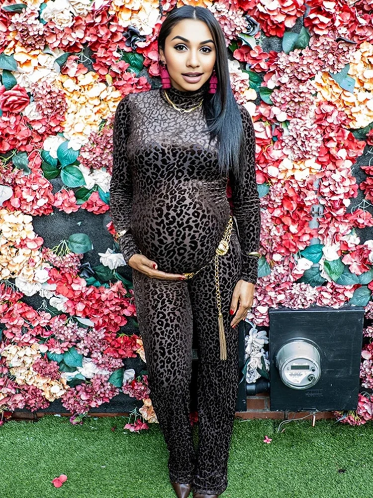 Maternity Leopard Mesh Bodysuit High Neck Lace Sleeve Pregnancy Photoshoot Costume Baby Shower Outfit Maternity Photography Prop