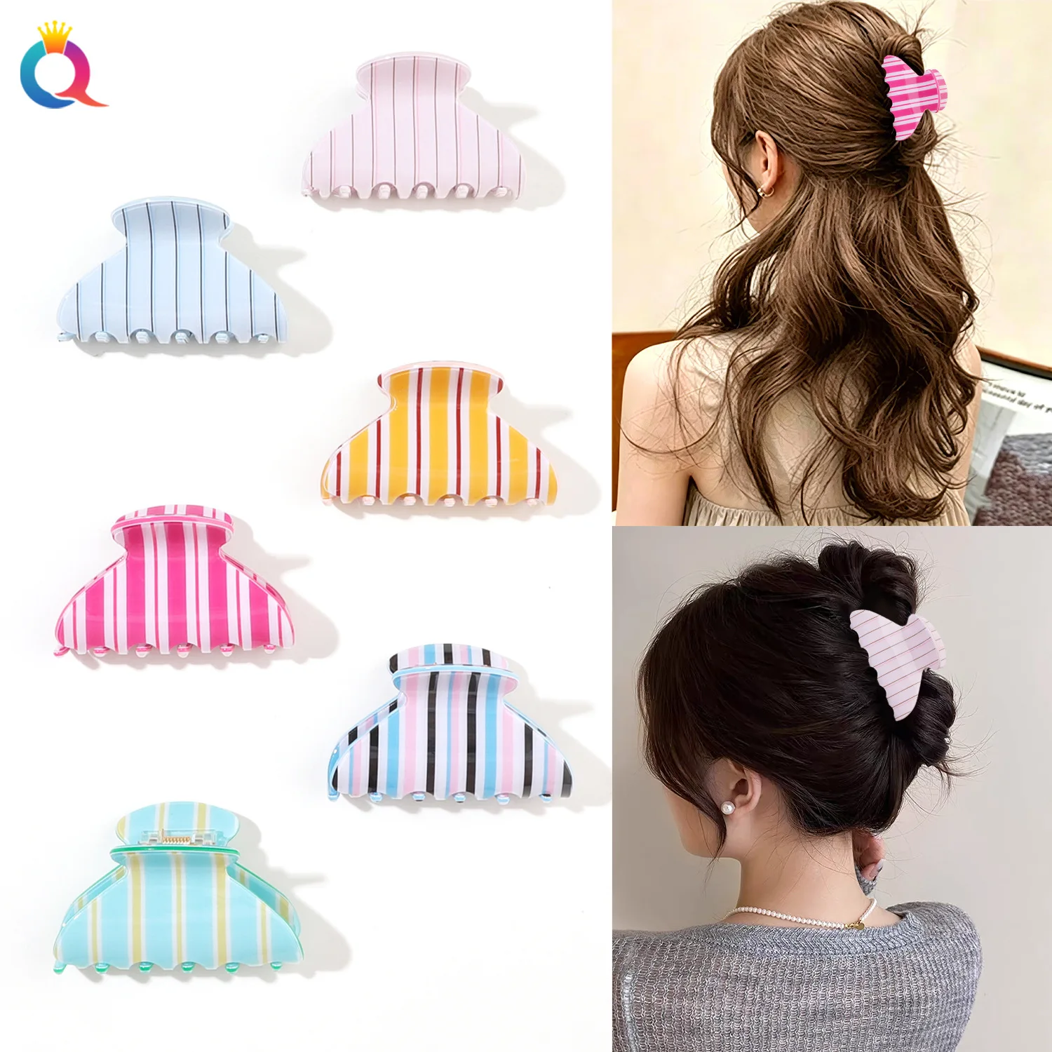 PVC Color Striped Hair Claw Clips, Shark Clips for Women, Back Head Updo Hair Accessories
