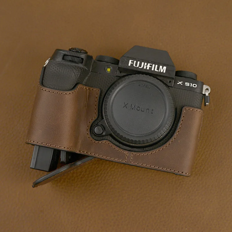 Chất Lượng Cao Handmade Da Thật Chính Hãng Da Nửa Túi Máy Ảnh Dành Cho Máy Ảnh FUJIFILM X-S10 Với Pin Mở Cửa