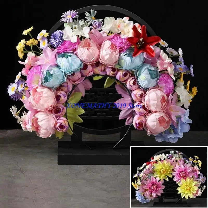 

F42F Double Side Flower Headband Mexica Rose Flower Crown Hairband Fashion Women Bride Hair Accessory Bridal Garlands