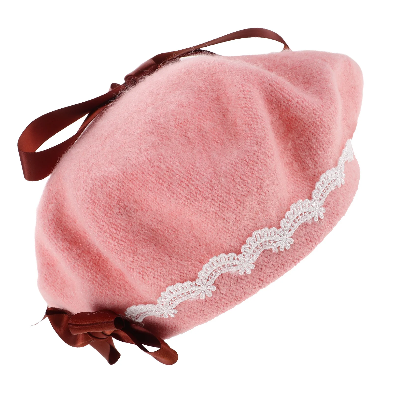 

Pink Woolen Beret Hat Japanese Inspired Lace Bowknot Soft Warm Casual Beret for Women Girls Autumn Winter Chic Hat