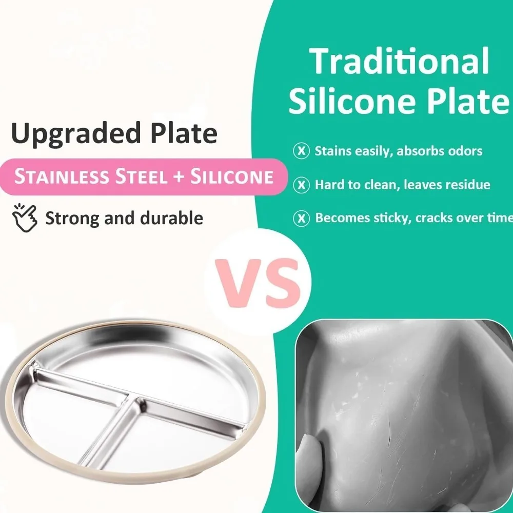 New Non-Slip Stainless Steel Kids Plate with Suction Anti Breakage Divided Baby Plates Silicone Sleeves Removable Toddler Bowls image 5