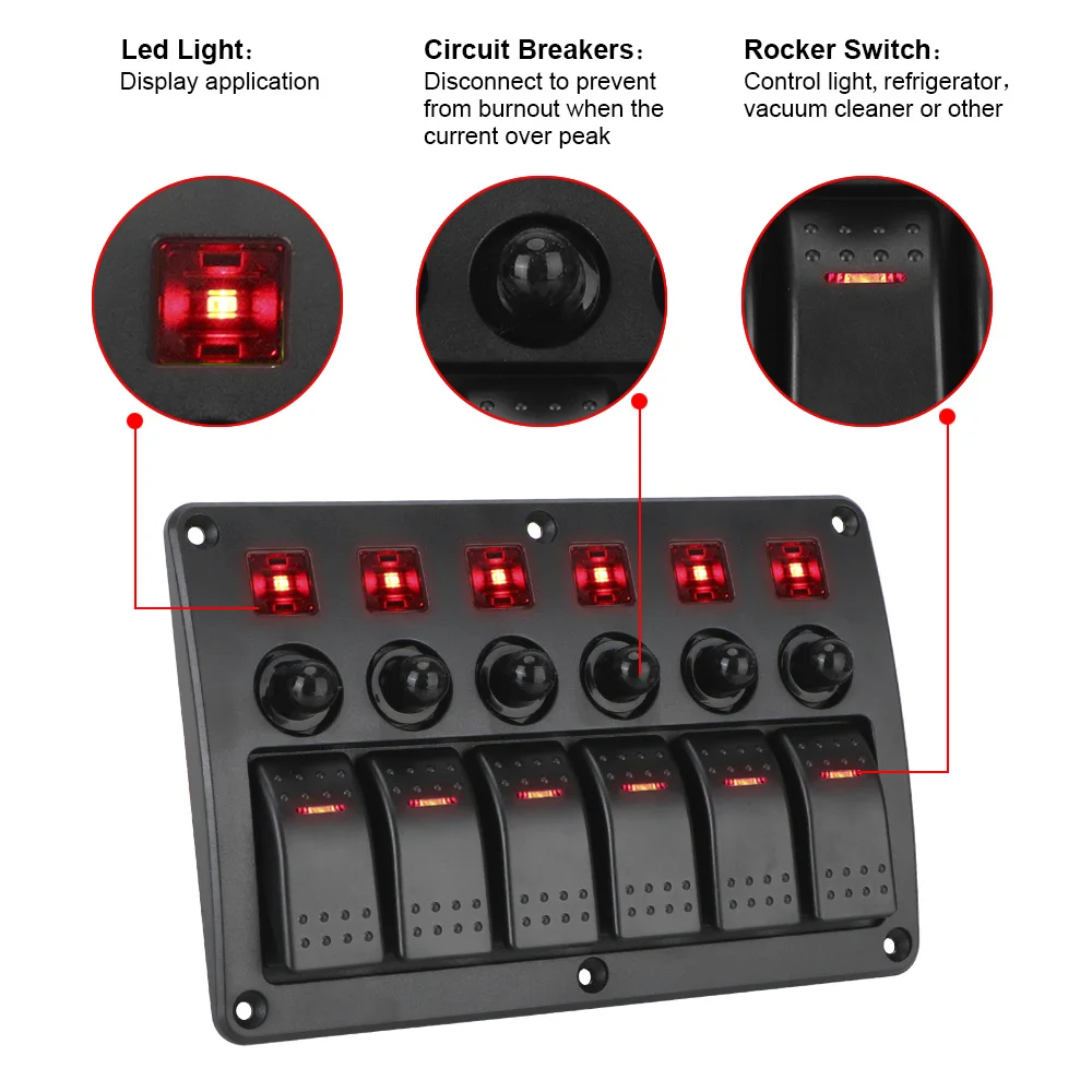 Painel de interruptor do carro impermeável, controle de circuito com adesivo, 6 Gang Marine Rocker, luz LED, 12-24V