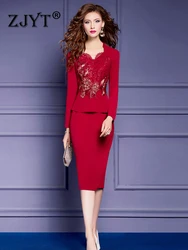 ZJYT Elegant Ladies Lace Patchwork Cocktail Party Dresses Plus Size Women Clothing 2024 Spring Long Sleeve Vestidos Knee Length