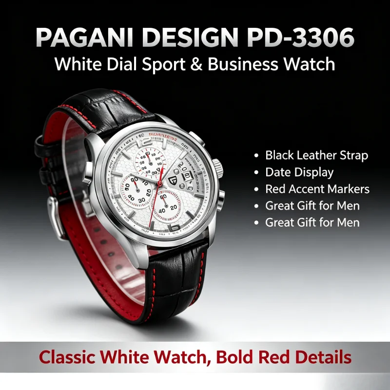 PAGANI DESIGN PD-3306 Men's Chronograph Watch, Leather Strap, Multi-Function, AR-Coated Sapphire Crystal, 100M Water Resistant,