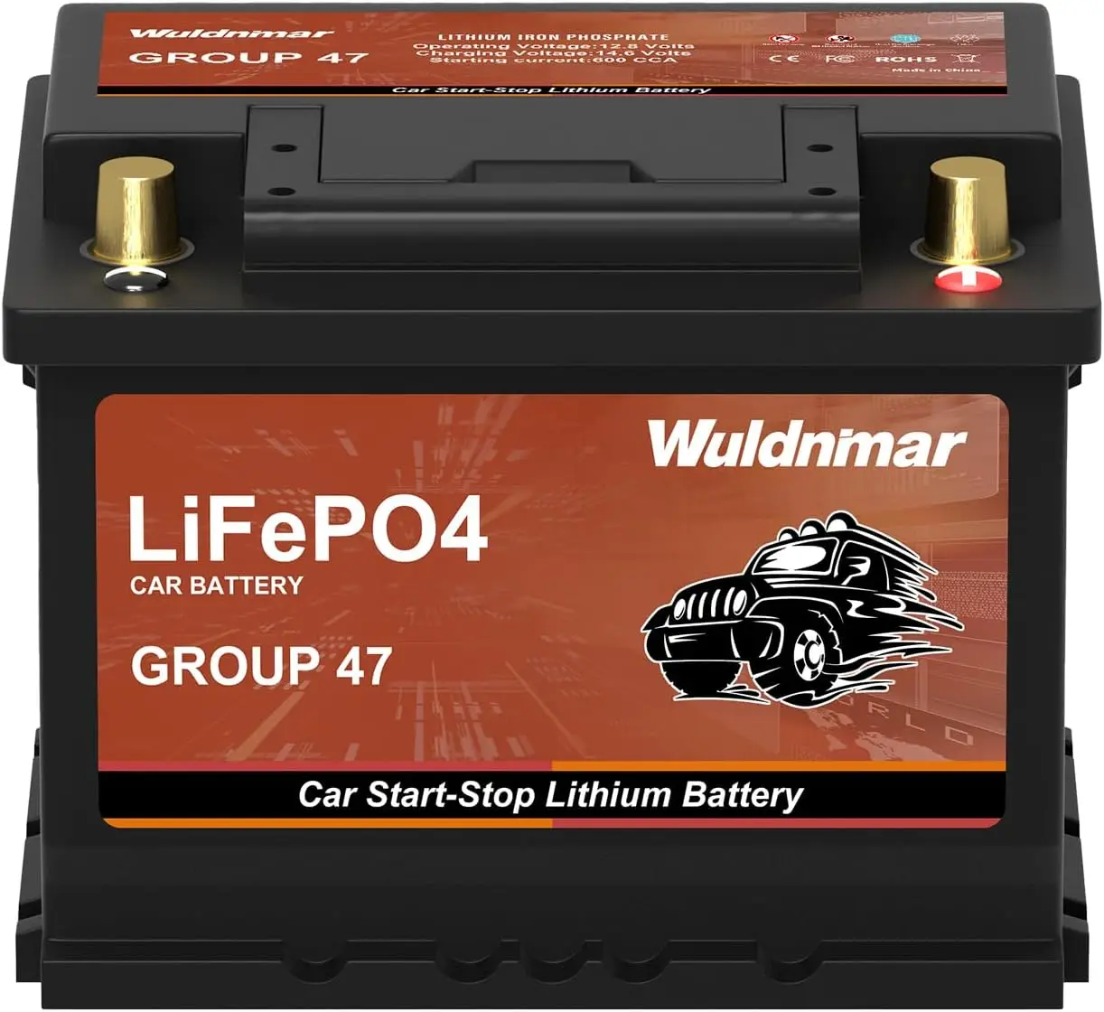 12V BCI Group 47 LiFePO4 Lithium Car Battery 600CCA Lightweight Automotive Start Stop Battery Size H5