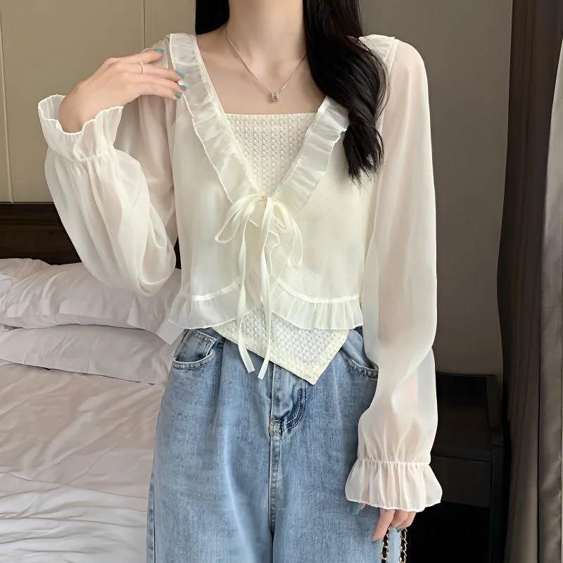 شال صيفي مكشكش بلون شيفون نسائي بأكمام طويلة ورقيق Y2K معطف كيب بوليرو ملابس عباءة تتغاضى عن عطلة 2025 #2