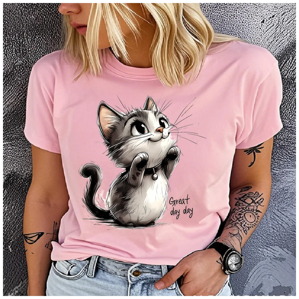 UnisexSummer Top Great day day Hand-drawn style cat Print Loose round Neck Short Sleeve Fashion for Lovers