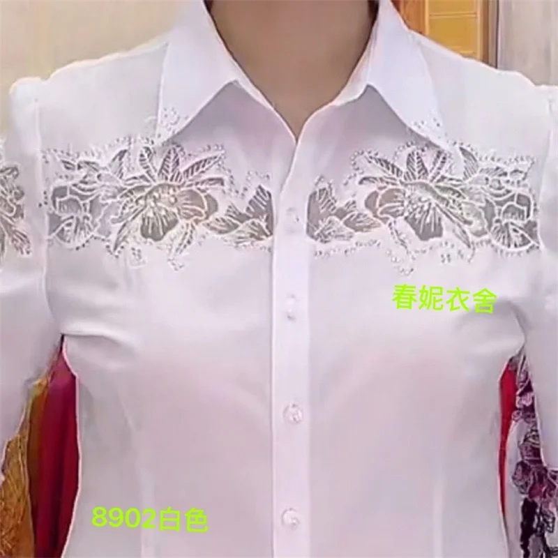 Fashion White Red Blue Shirts For Women New Temperament Design Embroidered Rhinestone Spring Autumn Summer Shirt Blous