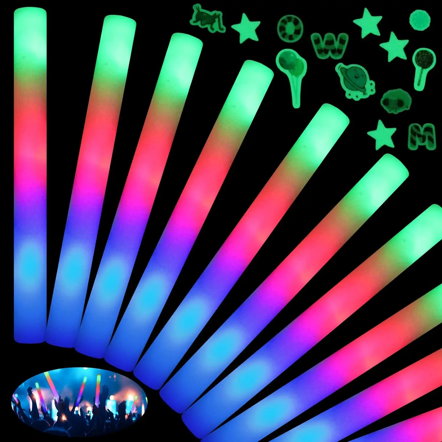 

38 PCS Giant 16 Inch Foam Glow Sticks with 3 Modes Colorful Flashing, LED Light Stick Gift, Glow Sticks Party Pack for Raves