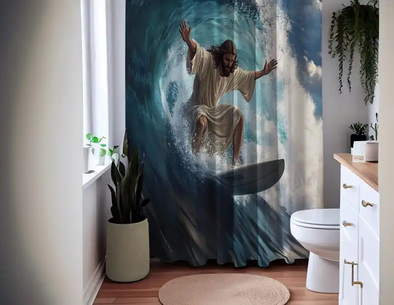 Surfing Jesus Shower Curtain - Spiritual Surf Decor, Ocean Wave Bathroom Curtain, Unique Christian Gift, Multiple Sizes